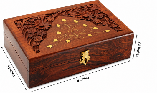 Handcrafted Sheesham Wood Carved Jewellery Box with Floral Inlay & Lock