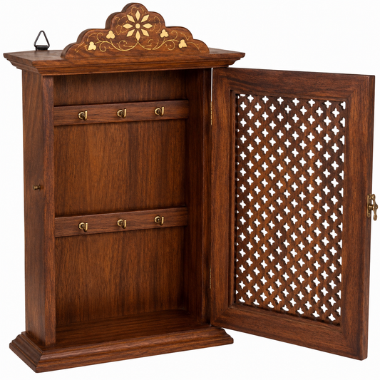 Handcrafted Wooden Key Cabinet with Jali Design – Wall Mounted Key Organizer