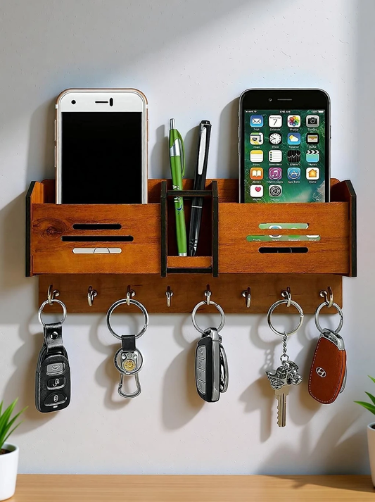 Wooden Wall Key Holder with Mobile Stand & Pen Organizer