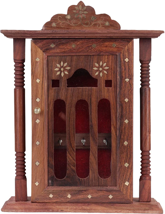 Wooden Handcrafted Key Holder Cabinet – Sheesham Wood Wall Mounted Key Organizer