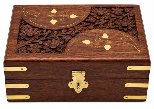 Luxury Handcrafted Sheesham Wood Jewellery Box with Floral Carving, Brass Inlay & Lock