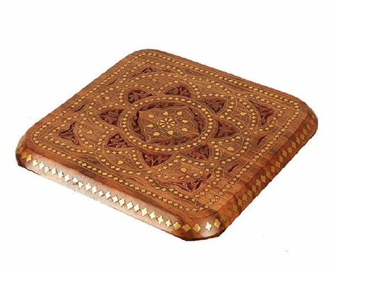 Hand Carved Sheesham Wood Stool with Brass Inlay – Traditional Wooden Accent Table