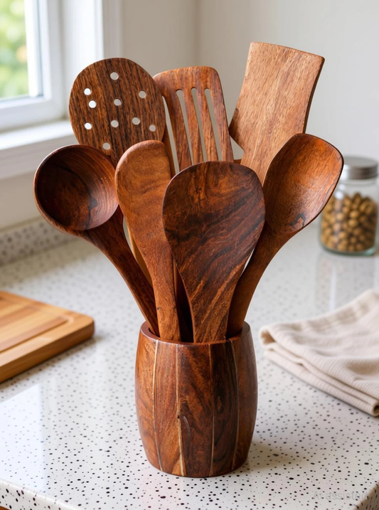Decorasia Wooden Kitchen Tool Set with Holder (Set of 7)