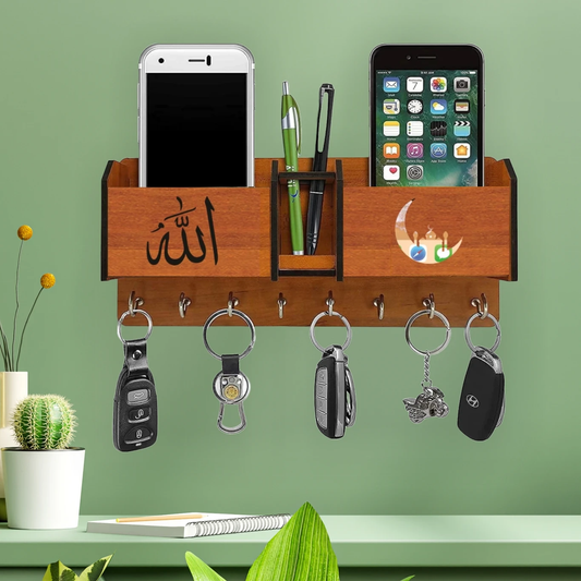 Wooden Wall Mounted Mobile & Key Holder – Multipurpose Organizer Rack