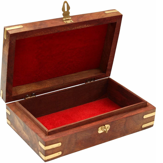 Handcrafted Sheesham Wood Jewellery Box with Floral Carving, Brass Inlay & Lock