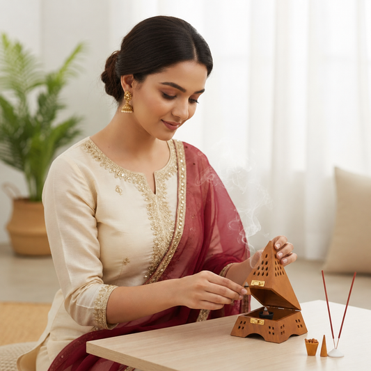 DECORASIA™ Pyramid Wooden Dhoop Dani with Ventilation Base (Handcrafted Incense Burner)