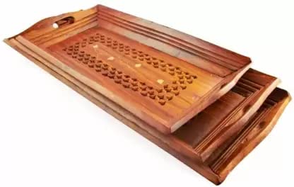 Sheesham Wood Crafts Wooden Coffee Serving Tray (Brown) Set of 3 Tray