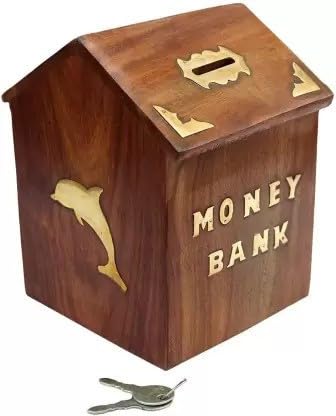 Decorasia Wooden Money Bank with Lock & 2 Keys | Safe Piggy Bank for Kids | Handcrafted Coin Saving Box | Secure Wooden Gullak for Boys & Girls