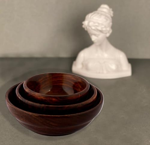 Handcrafted Wooden Serving Bowl Set, 3 Nesting Bowls, Contemporary Design, Rich Brown