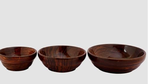 Handcrafted Wooden Serving Bowl Set, 3 Nesting Bowls, Contemporary Design, Rich Brown
