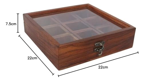Decorasia Sheesham Wood Spice Box with Glass Lid, 9 Compartments, Traditional Masala Container, Brown
