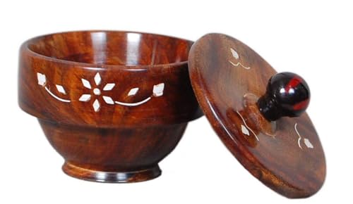 Handcrafted Wooden Bowl with Lid, Floral Design, Brown