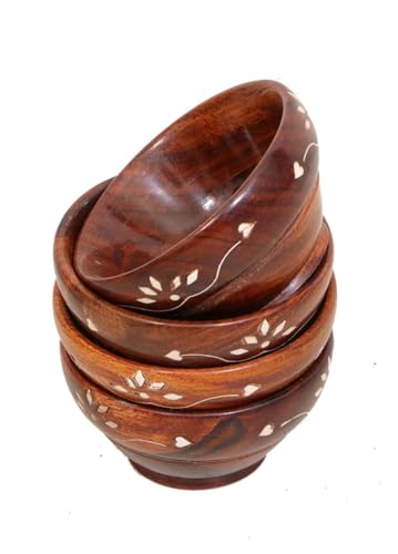 Handcrafted Wooden Snack Bowls with Floral Inlay Design, Set of 4, Brown