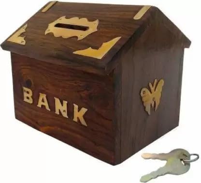 Decorasia Beautiful Wooden Money Bank with Lock & 2 Keys | Piggy Bank for Kids | Safe Coin Saving Box | Secure Gullak for Boys & Girls | Handmade Gift Item