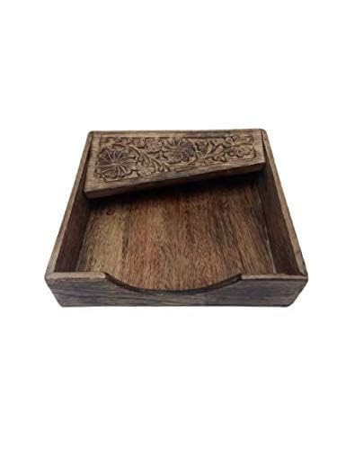 Wooden Napkin Holder With Carved Floral Design