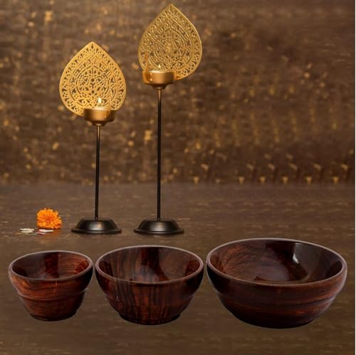 Handcrafted Wooden Serving Bowl Set, 3 Nesting Bowls, Contemporary Design, Rich Brown