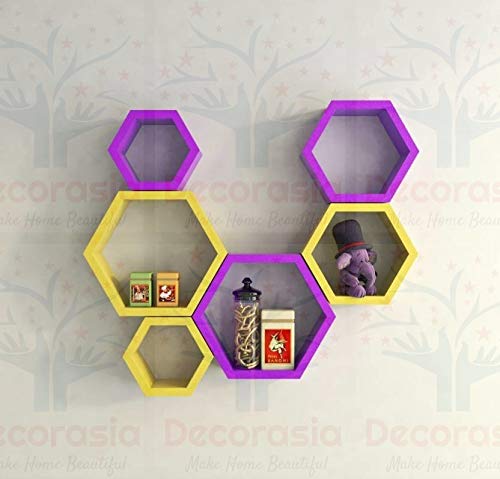 DECORASIA Beautiful Wooden Hexagon Shape Designer Storage Shelves MDF (Set of 6) (Medium Density Fiber) Wall Shelf