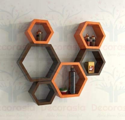 DECORASIA� Beautiful Wooden Hexagon Shape Designer Storage Shelves MDF (Set of 6) (Medium Density Fiber) Wall Shelf