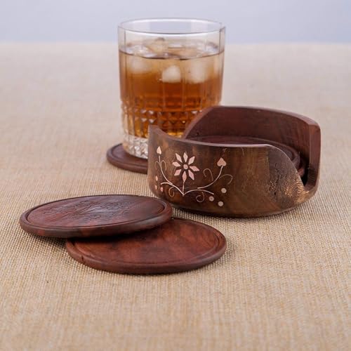 Handmade Wooden Lotus Coaster Set with Stand, 8.9 cm, Brown, Set of 6