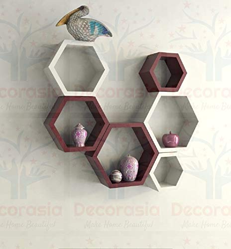 DECORASIA Beautiful Wooden Hexagon Shape Designer Storage Shelves MDF (Set of 6) (Medium Density Fiber) Wall Shelf
