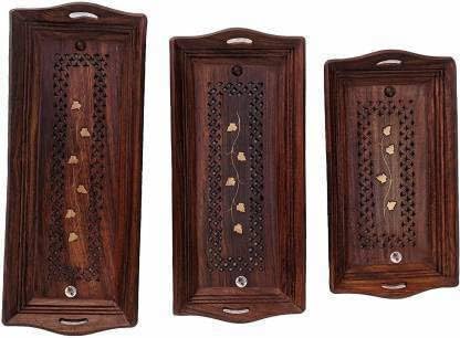 Handmade Antique Wooden Serving Tray Set (Pack of 3)