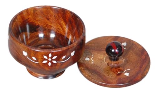 Handcrafted Wooden Bowl with Lid, Floral Design, Brown