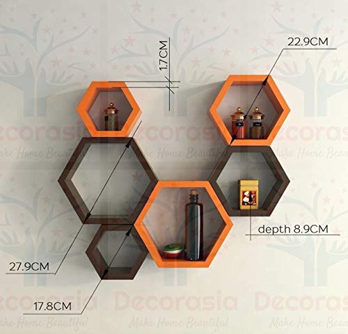 DECORASIA Beautiful Wooden Hexagon Shape Designer Storage Shelves MDF (Set of 6) (Medium Density Fiber) Wall Shelf