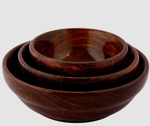 Handcrafted Wooden Serving Bowl Set, 3 Nesting Bowls, Contemporary Design, Rich Brown