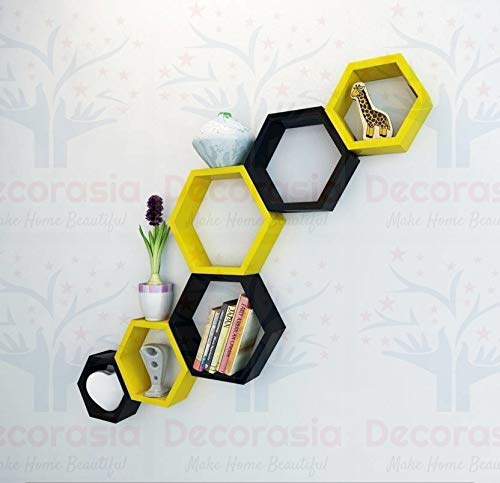 DECORASIA Beautiful Wooden Hexagon Shape Designer Storage Shelves MDF (Set of 6) (Medium Density Fiber) Wall Shelf