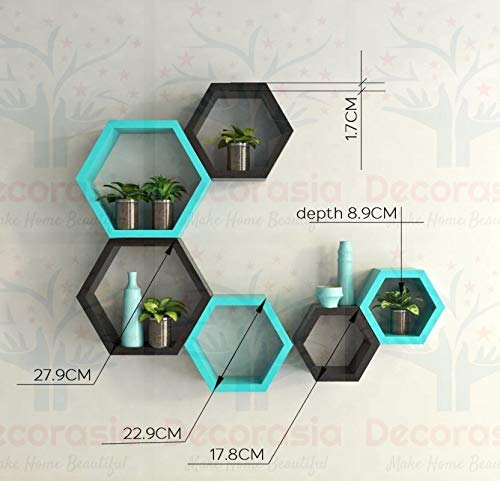 DECORASIA Beautiful Wooden Hexagon Shape Designer Storage Shelves MDF (Set of 6) (Medium Density Fiber) Wall Shelf