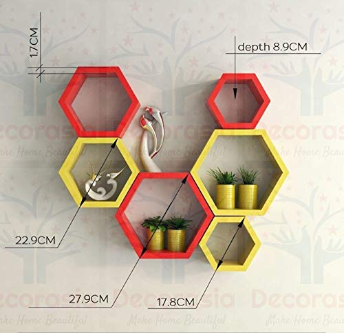 DECORASIA Beautiful Wooden Hexagon Shape Designer Storage Shelves MDF (Set of 6) (Medium Density Fiber) Wall Shelf