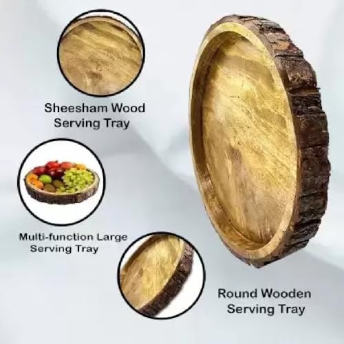 Decorasia Handmade Antique Look Round Wooden Serving Tray | Rustic Brown Wooden Tray for Snacks, Tea, Coffee & Desserts | Decorative Kitchen & Dining Accessory | Gift for Home & Table D�cor