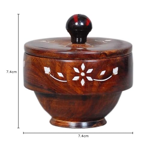 Handcrafted Wooden Bowl with Lid, Floral Design, Brown