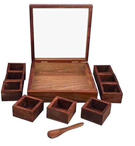 Decorasia Sheesham Wood Spice Box with Glass Lid, 9 Compartments, Traditional Masala Container, Brown