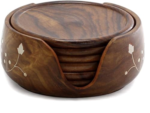 Handmade Wooden Lotus Coaster Set with Stand, 8.9 cm, Brown, Set of 6