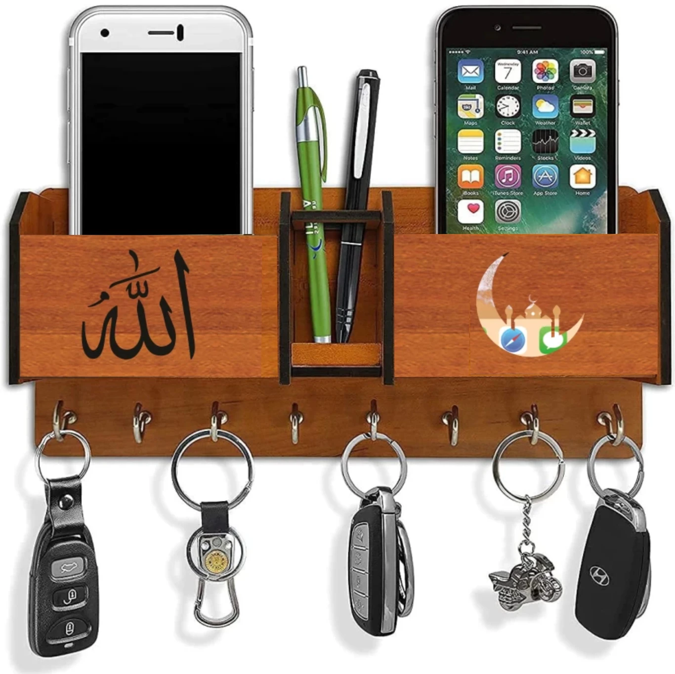 Wooden Wall Mounted Mobile & Key Holder – Multipurpose Organizer Rack