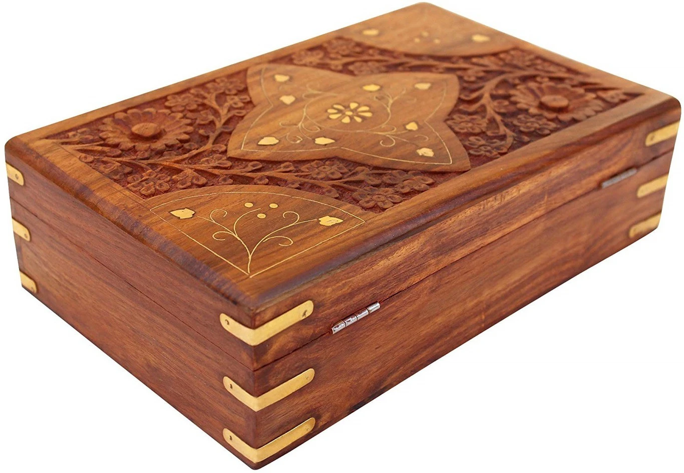 Handcrafted Sheesham Wood Jewellery Box with Floral Carving, Brass Inlay & Lock