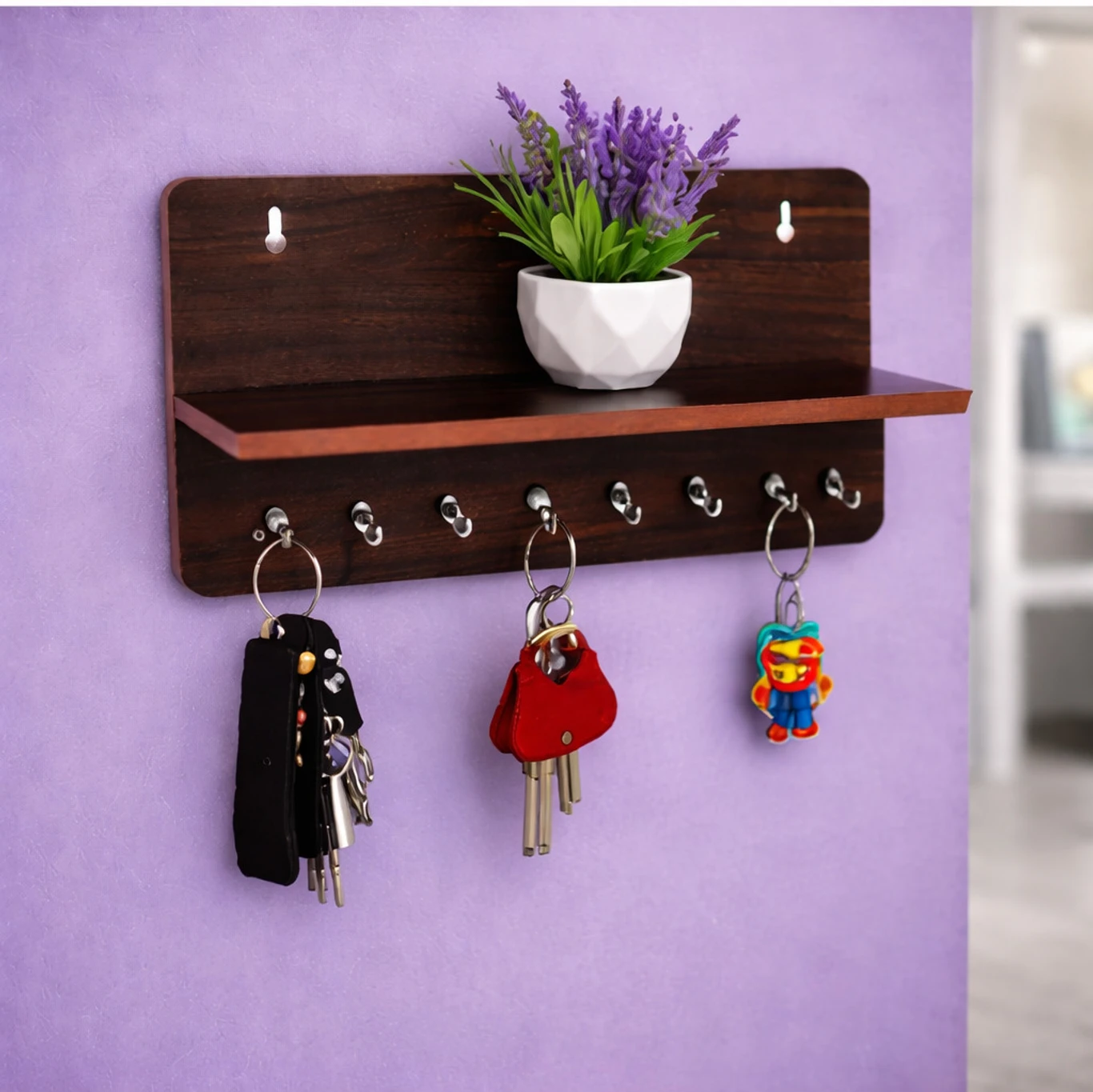 Decorasia Wooden Wall Shelf with Key Holder Hooks