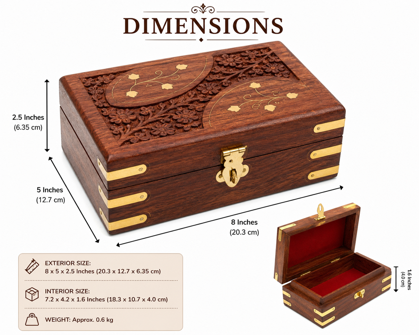 Luxury Handcrafted Sheesham Wood Jewellery Box with Floral Carving, Brass Inlay & Lock