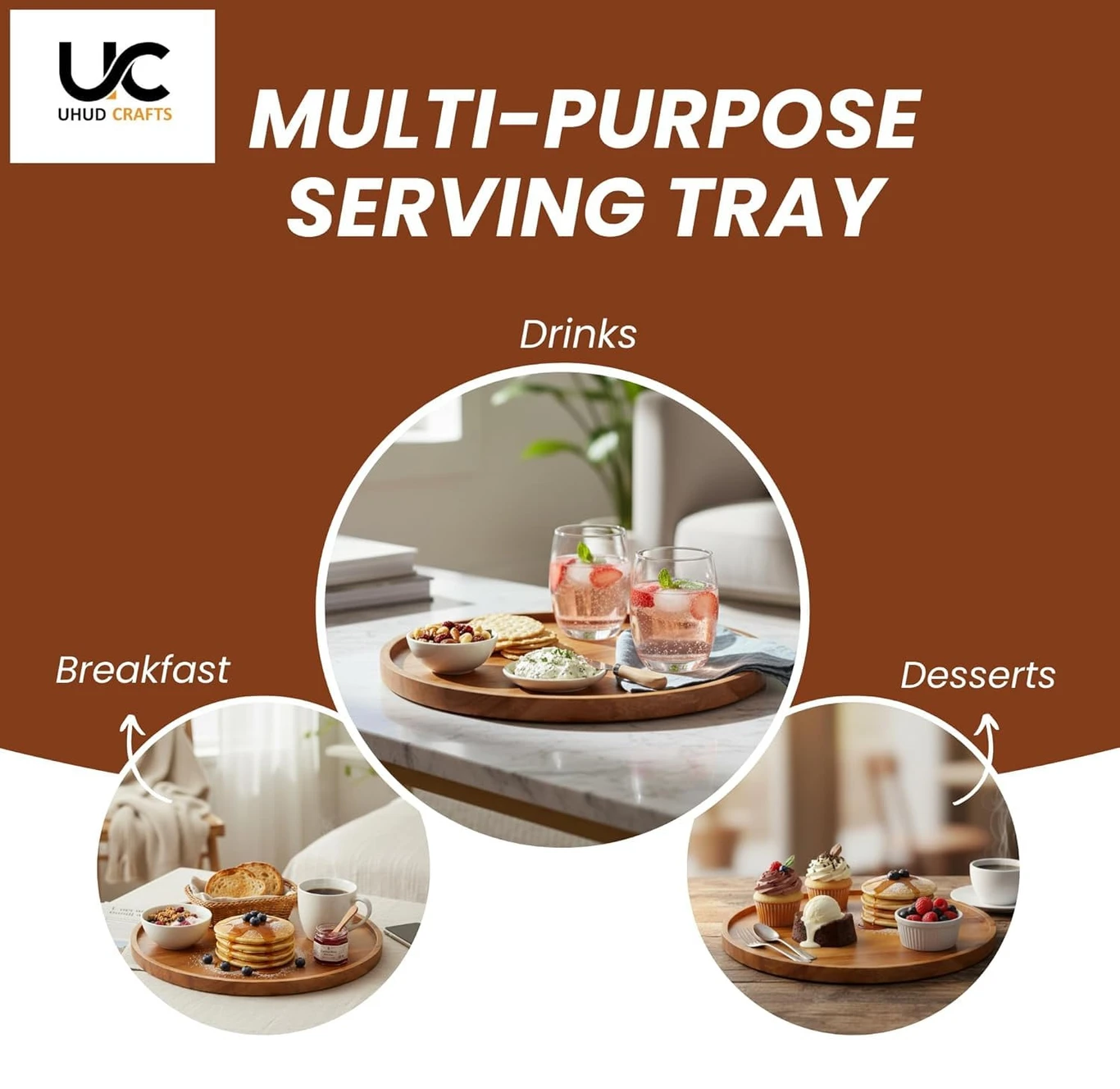 DECORASIA™ Neem Wood Round Serving Tray – 11 Inch (Handcrafted Elegance)