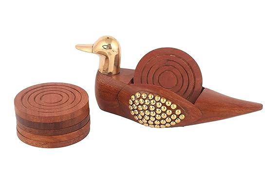 Wooden Duck Tea Coaster Set with Brass Work