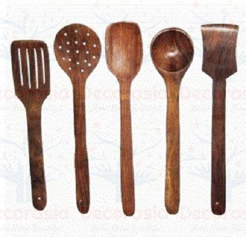 DECORASIA� Wood Sheesham Hand Crafted Wooden Kitchen Set of 5 Multipurpose Serving & Cooking Spoon Set & Ladles Wooden Spoon Kitchen Tool Set