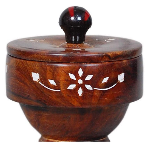 Handcrafted Wooden Bowl with Lid, Floral Design, Brown