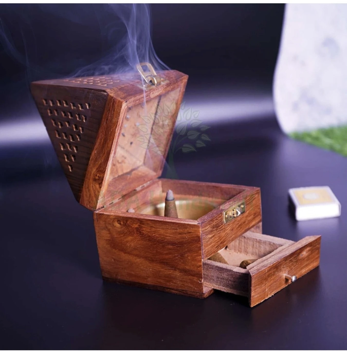 DECORASIA™ Handcrafted Wooden Dhoop Dani with Brass Bowl & Storage Drawer