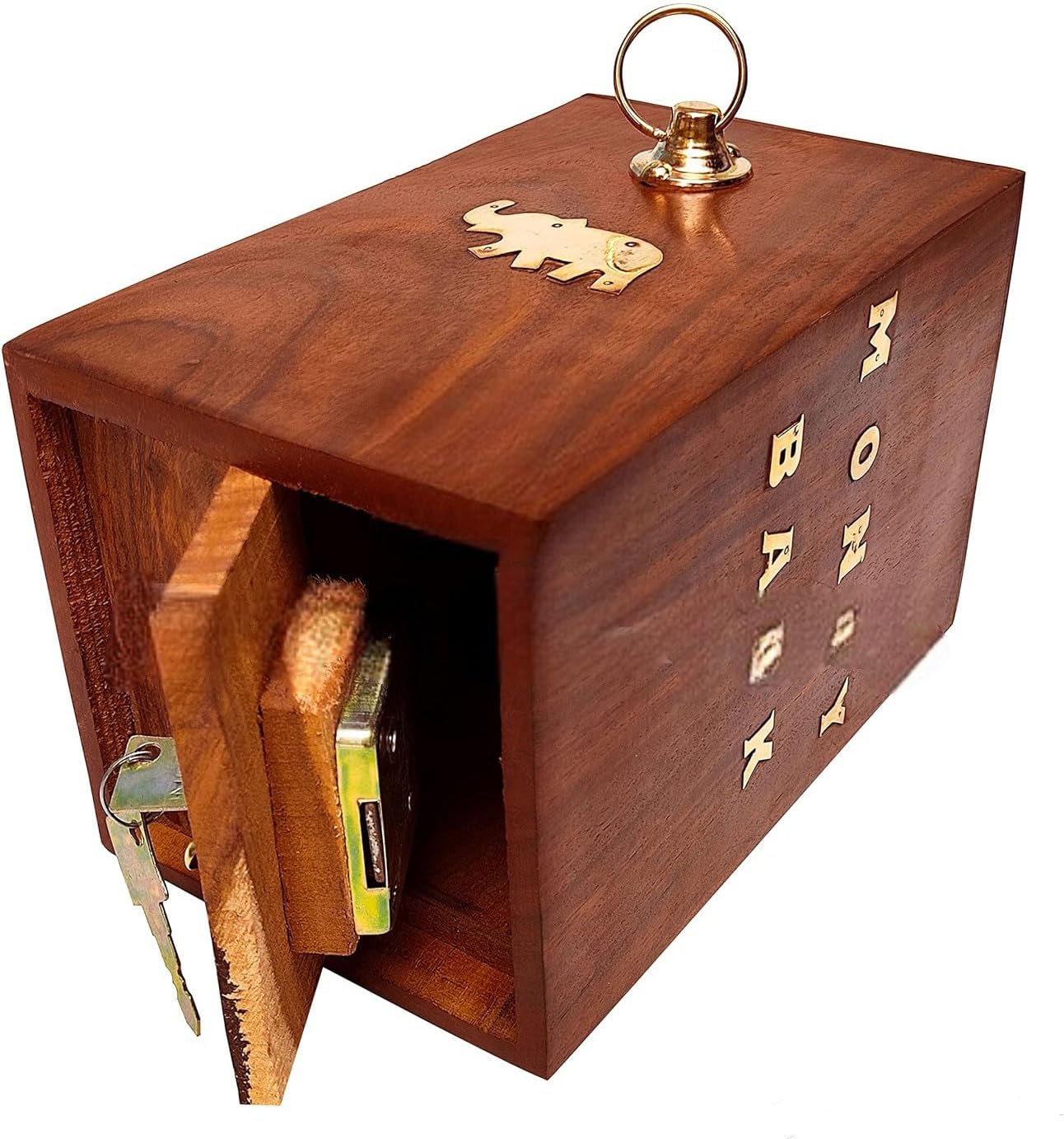 Decorasia Wooden Big Size Money Bank | Large Handcrafted Coin Saving Box with Lock & Key | Traditional Wooden Piggy Bank for Kids & Adults | Decorative Gullak for Gifting