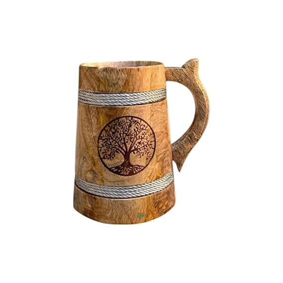 Handcrafted Wooden Mug | 5-Inch Rustic Oak Barrel Design with Tree Carving & Silver Rounds