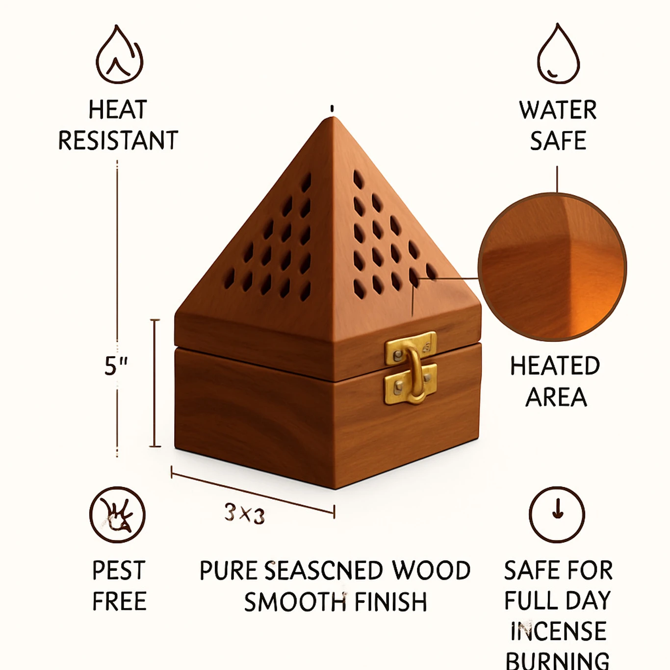 DECORASIA™ Pyramid Wooden Dhoop Dani (Handcrafted Incense Burner with Lock)