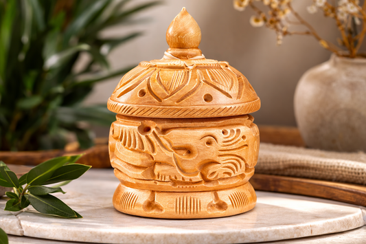 Hand Carved Wooden Sindoor Box with Brass Work – Traditional Kumkum Storage Container | Decorative Puja Box