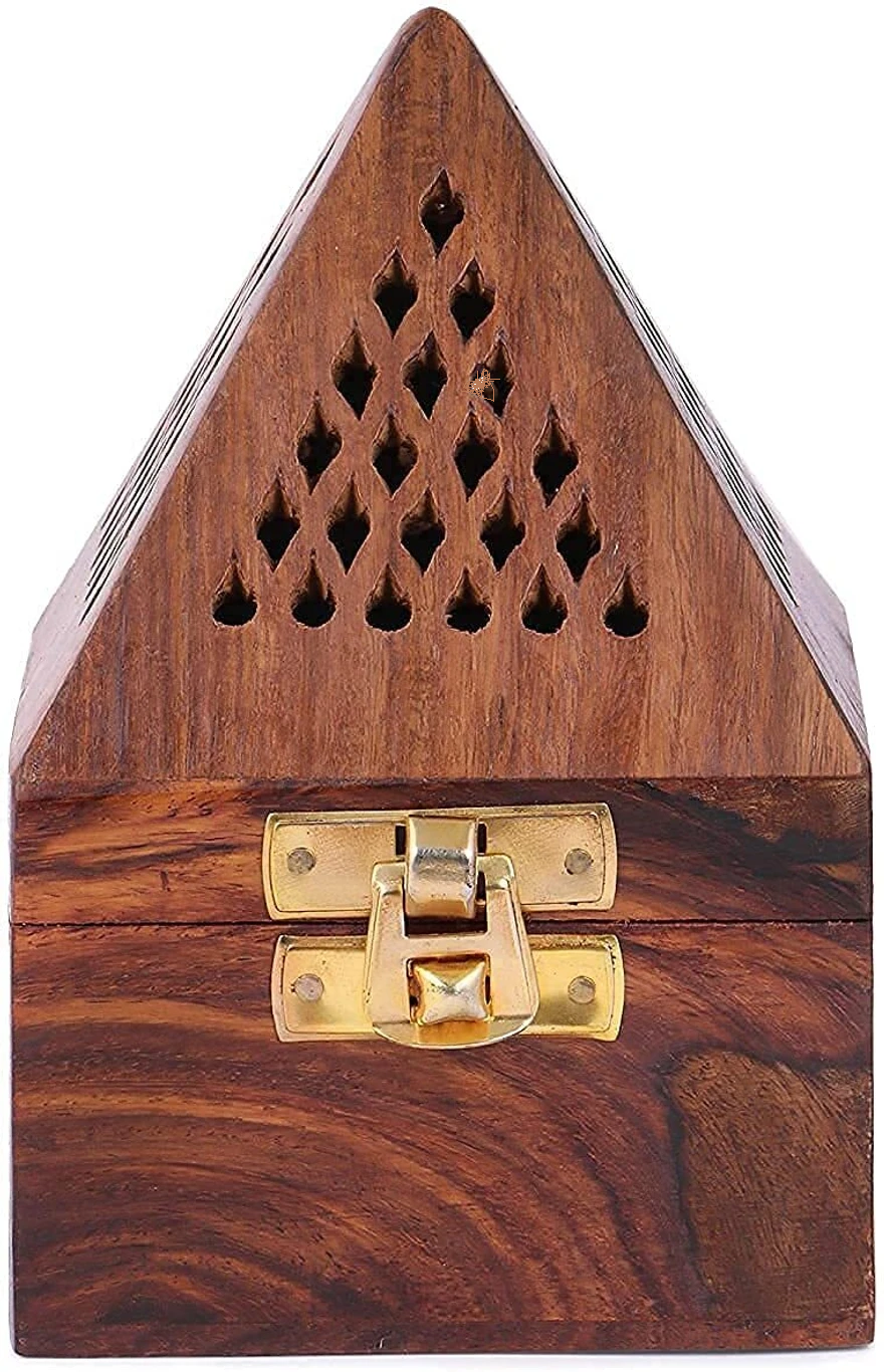 DECORASIA™ Pyramid Wooden Dhoop Dani with Brass Lock (Handcrafted Incense Burner)