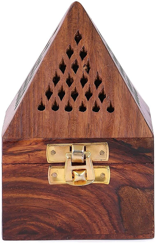 DECORASIA™ Pyramid Wooden Dhoop Dani with Brass Lock (Handcrafted Incense Burner)
